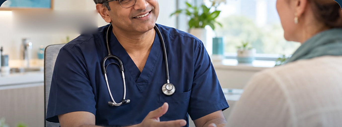 Doctor in navy scrubs with a stethoscope talking with a patient in a bright consultation room