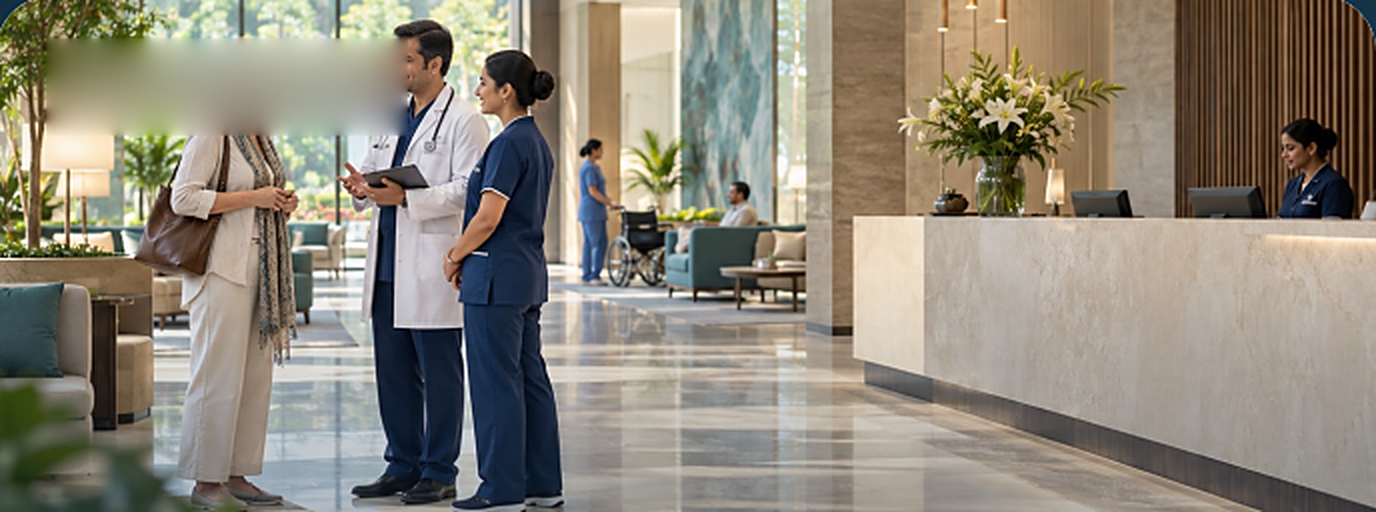 Hospital lobby with a doctor, a nurse and a patient walking past the reception desk